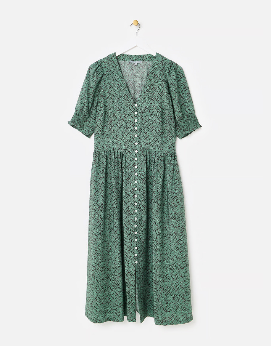 Green & Brown Polka Dot V-Neck Midi Dress